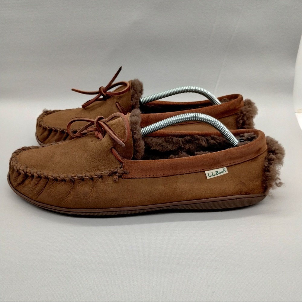 LL Bean‎ Wicked Good Moccasins Mens 11 Brown Suede Shearling Lined Slippers